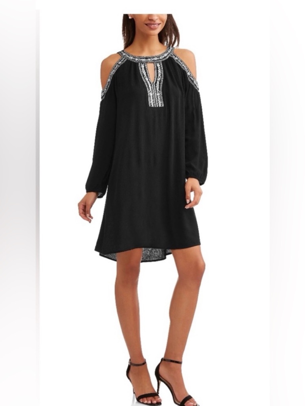 Time and Tru Black Cold-Shoulder Embellished Mini Dress